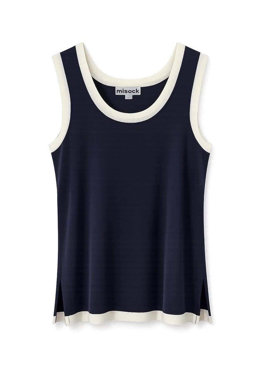 Misook Navy Blue Contrast Trim Knit Tank Top Size L Sleeveless Minimalist EUC
